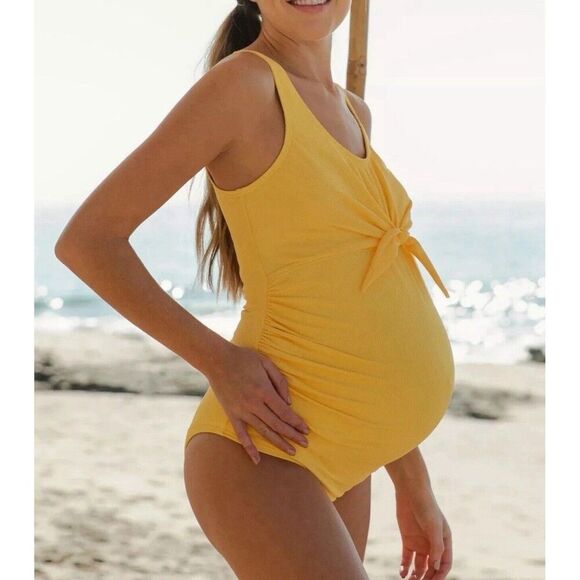 PinkBlush Women’s Yellow Ribbed Front Knot One-Piece Maternity Swimsuit Size M - Picture 4 of 12